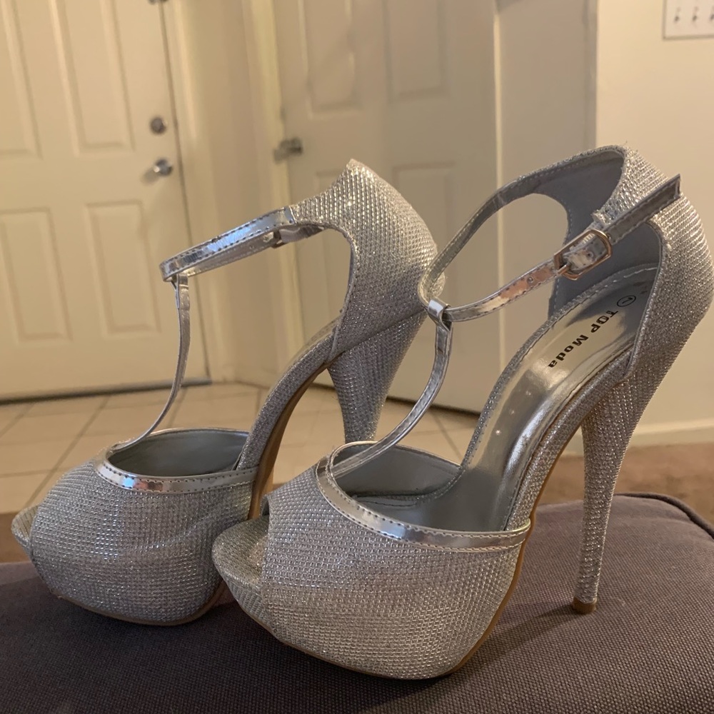 Silver T-Strap Heels